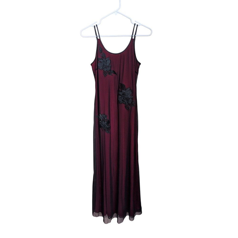 Vintage Rimini Red Black Whimsigoth Maxi Gown Size 10 Mesh Overlay Embroidery
